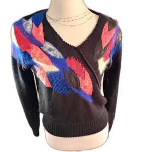 Lauren Cole vtg black blue pink abstract patchwork sweater with mohair Size M